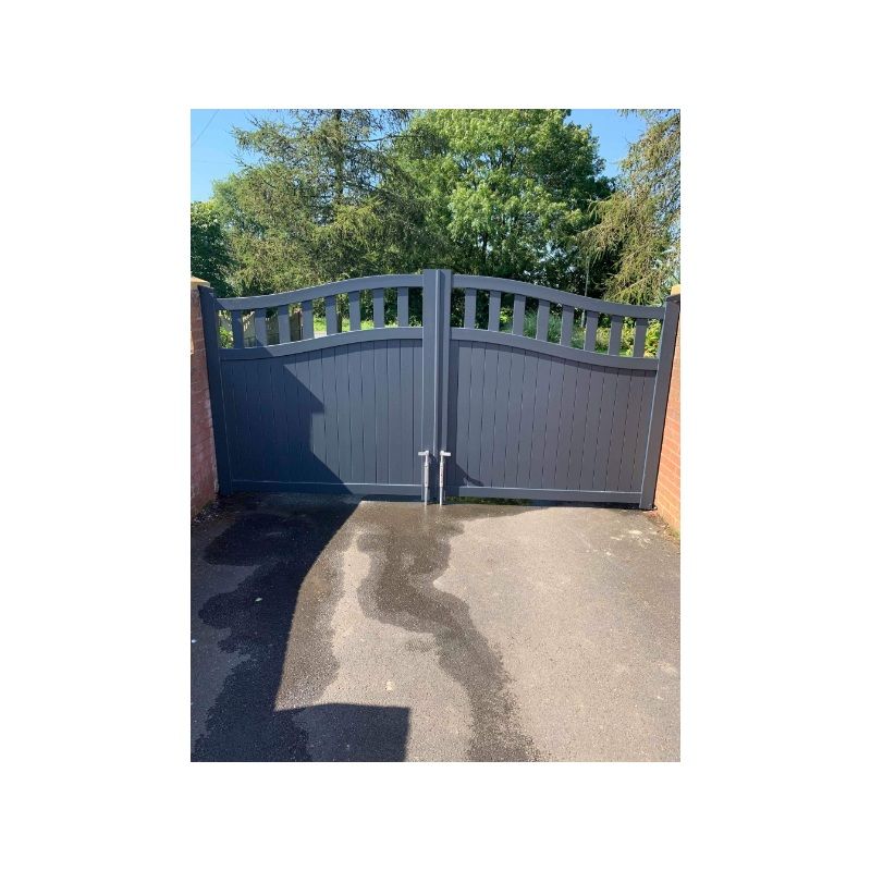DOUBLE DRIVEWAY GATE CURVED TOP 3250 x 2200mm VERTICAL MIXED INFILL GREY RMG005DG-28