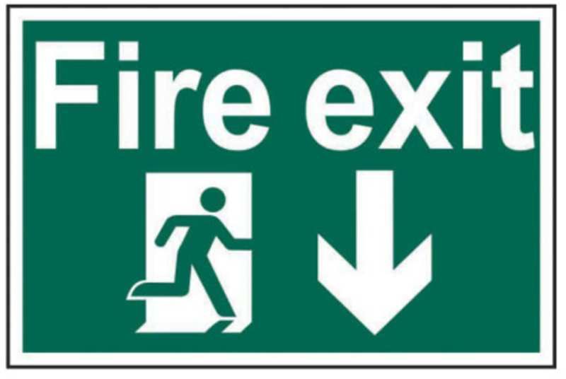 PVC SELF ADH SIGN 200mm WIDE x 300mm FIRE EXIT RUNNING MAN ARROW DOWN 1503