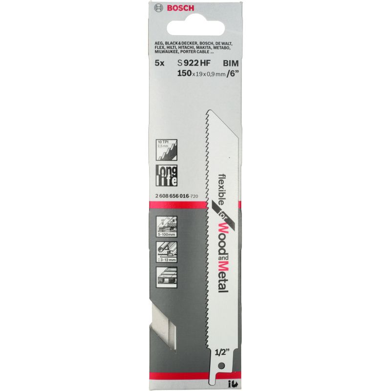 BOSCH 2608656016 PACK OF 5 FLEX WOOD/METAL 1/2 INCH UNISHANK SAW BLADES S922HF