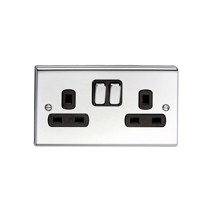 DETA SD1209CHB 2-POLE 2-GANG SWITCHED SOCKET 13a CHROME / BLACK