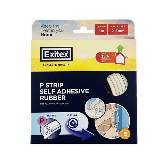 EXITEX ROLL OF P PROFILE SELF ADHESIVE DOOR SEAL STRIP 5M WHITE