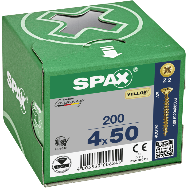 SPAX YELLOX POZI CSK PZ2 SCREWS 4.0 x 50mm BOX 200 1081020400503