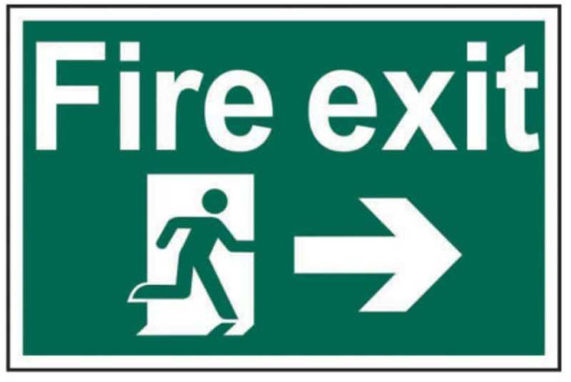 PVC SELF ADH SIGN 200mm WIDE x 300mm FIRE EXIT RUNNING MAN ARROW RIGHT 1504