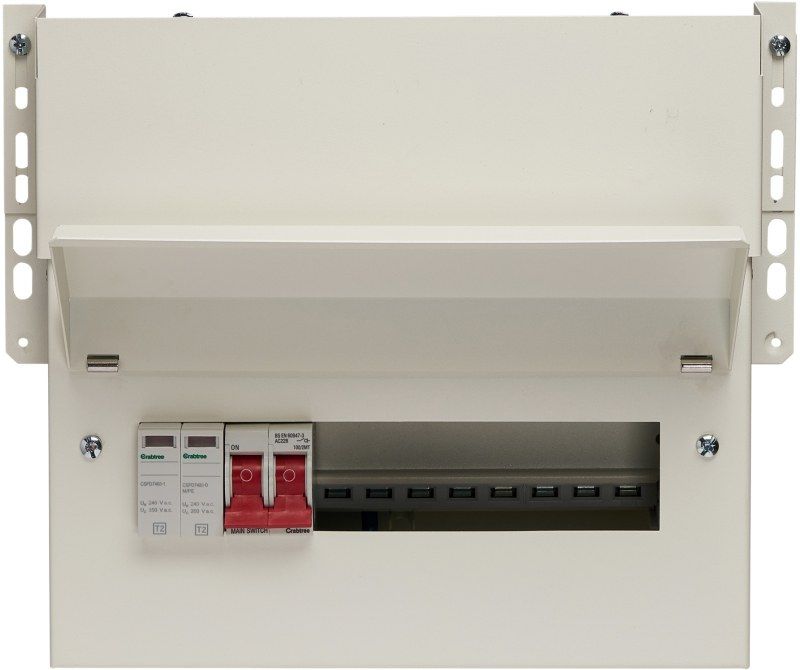 CRABTREE 608/2BS 8-WAY METER CABINET CONSUMER UNIT MAIN SWITCH 100a WITH SPD
