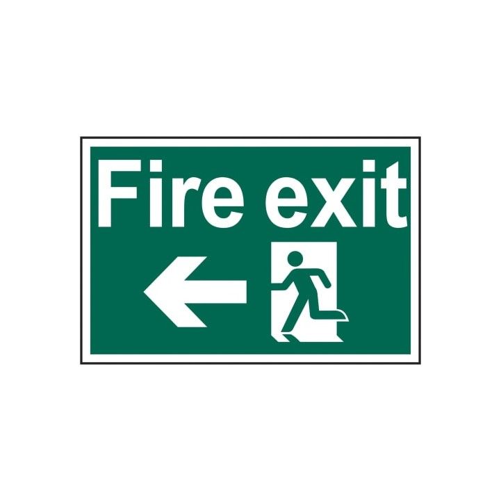 PVC SELF ADH SIGN 200mm WIDE x 300mm FIRE EXIT RUNNING MAN ARROW LEFT 1506