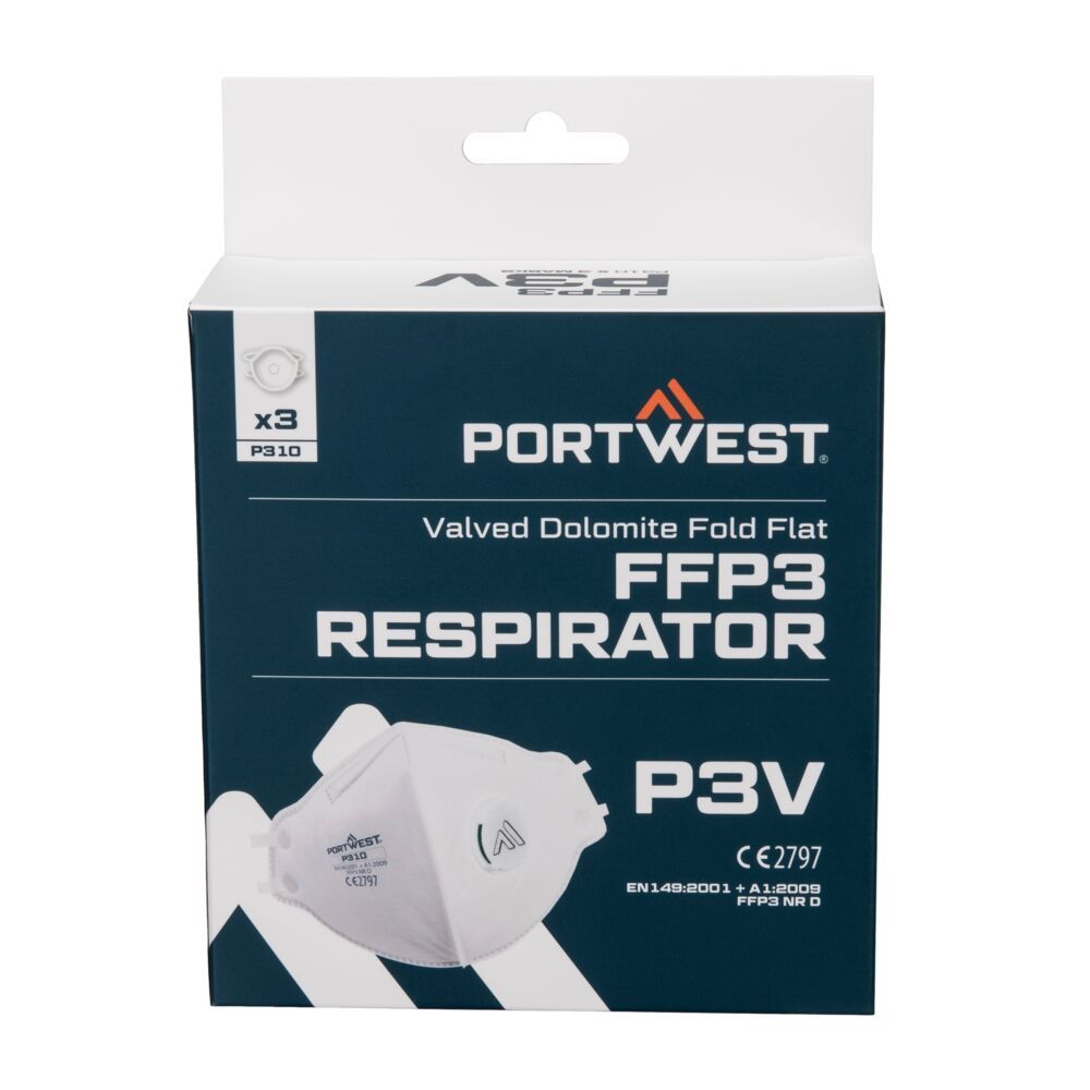 FFP3 Valved Dolomite Fold Flat Respirator (Pk3), , R, White