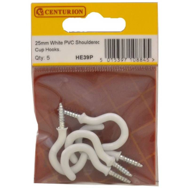 CENTURION HE39P PACK OF 5 PVC SHOULDERED CUP HOOKS 25mm WHITE