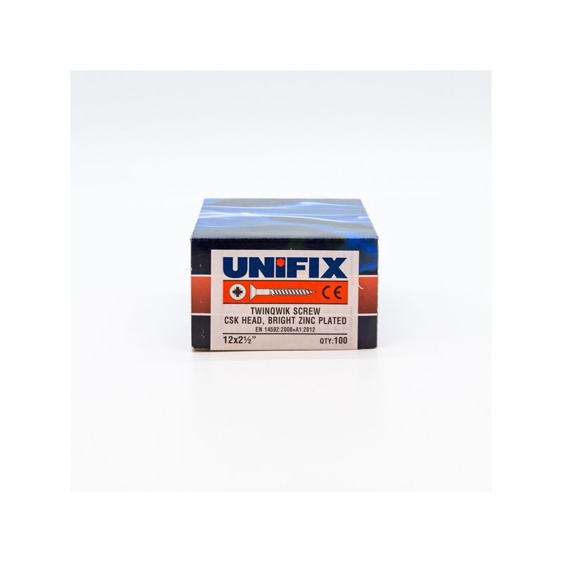 UNIFIX BZP CSK TWINTHREAD WOODSCREWS 12 x 2 1/2 BOX 100 OJ078151