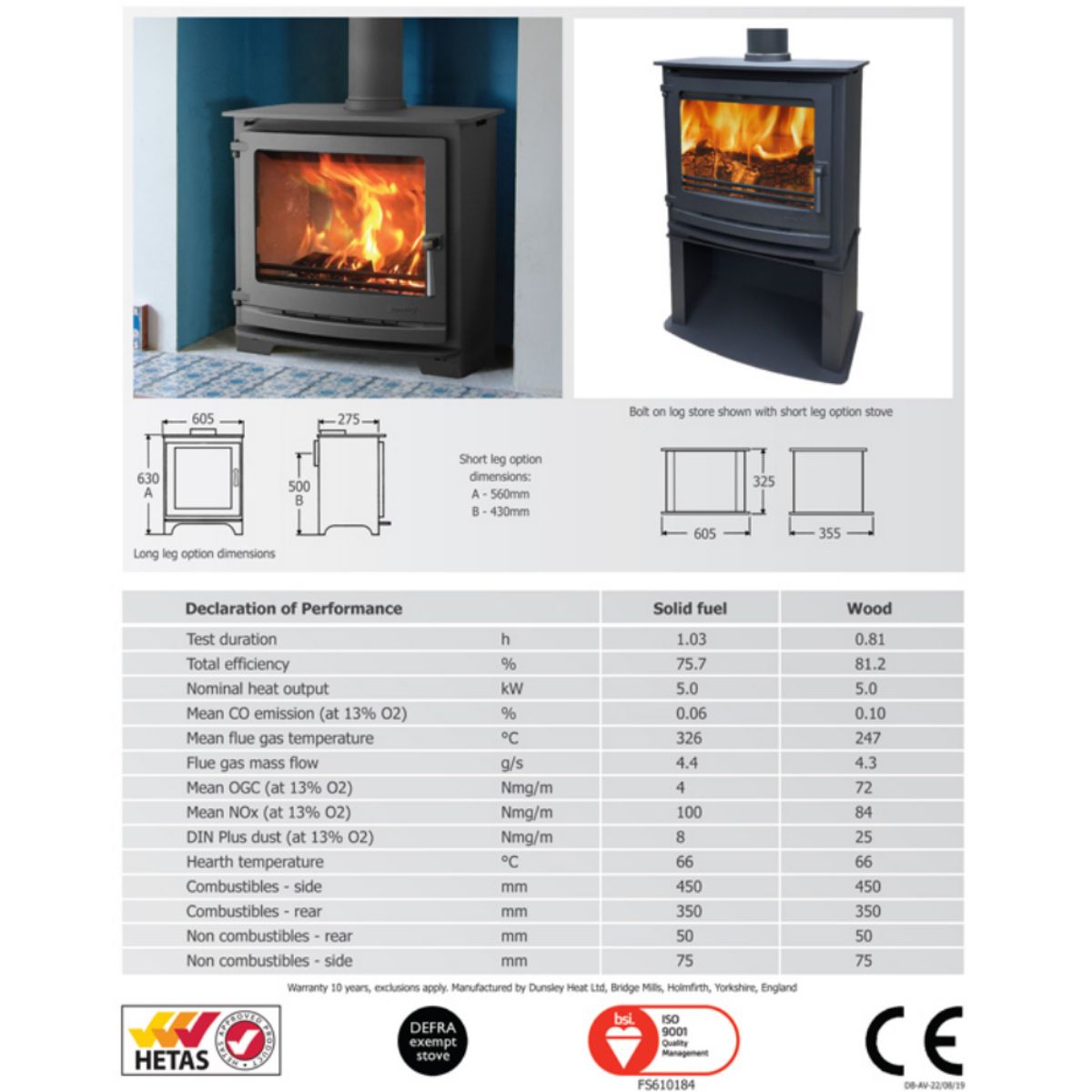 DUNSLEY 00280 500 AVANCE WOODBURNING STOVE C/W BLACK FITTINGS