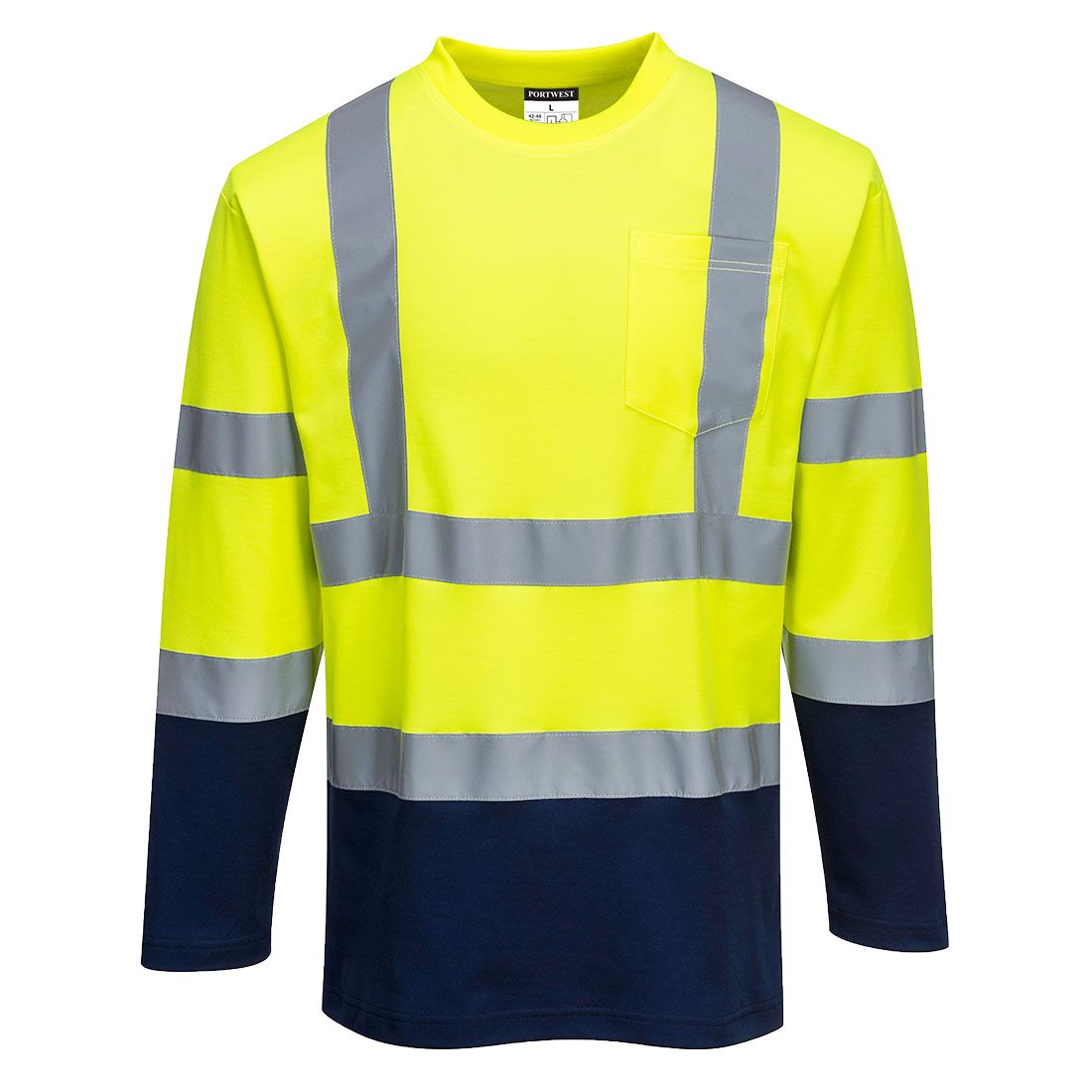 Hi-Vis Cotton Comfort Contrast T-Shirt L/S , L, R, Yellow/Navy