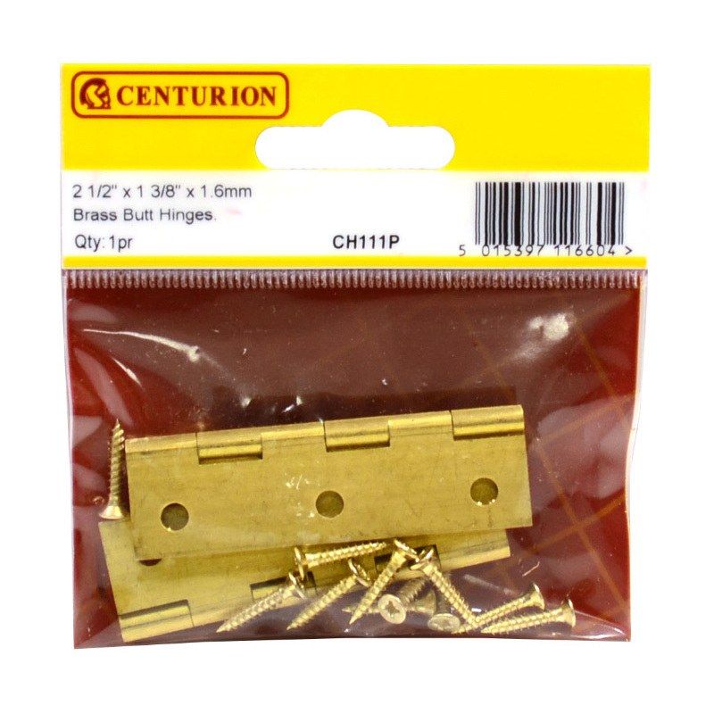 CENTURION CH111P BRASS MEDIUM DUTY SOLID DRAWN BUTT HINGES 2 1/2 x 1 3/8" x 1.6mm