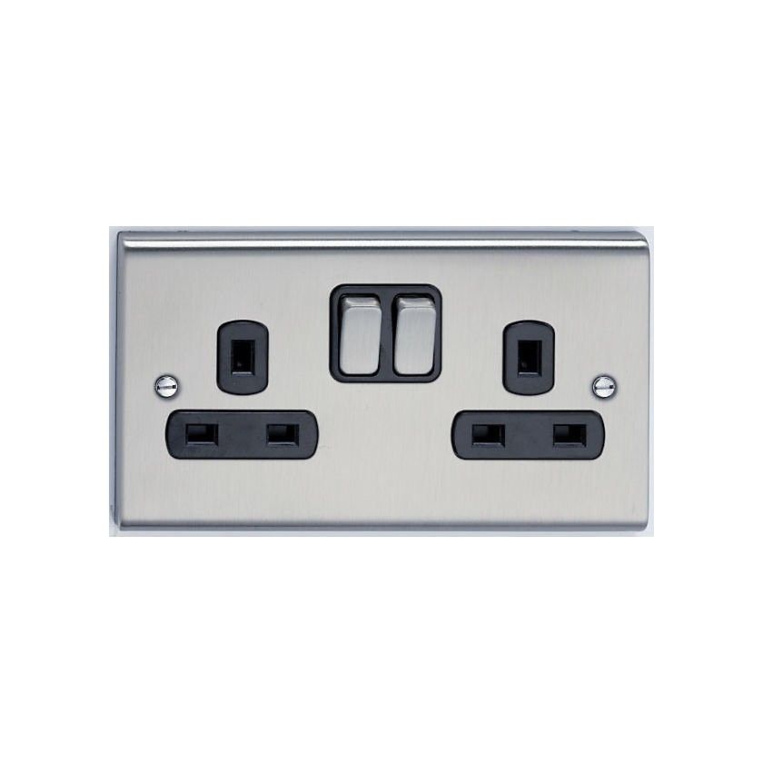 DETA SD1209SSB 2-POLE 2-GANG SWITCHED SOCKET 13a STAINLESS STEEL / BLACK