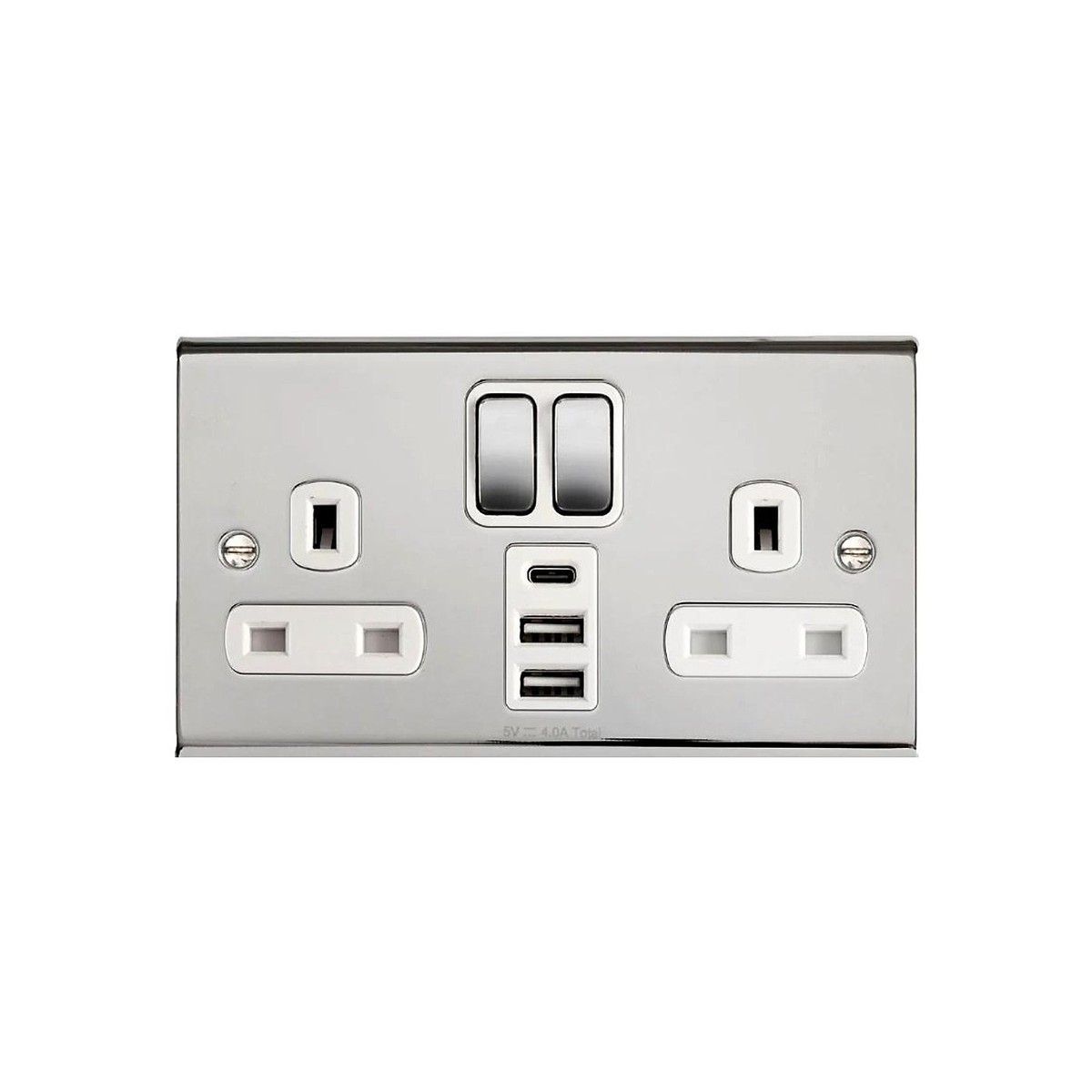 DETA SD1288CHW 2-GANG SWITCHED SOCKET WITH 3 USB PORTS 13a CHROME / WHITE