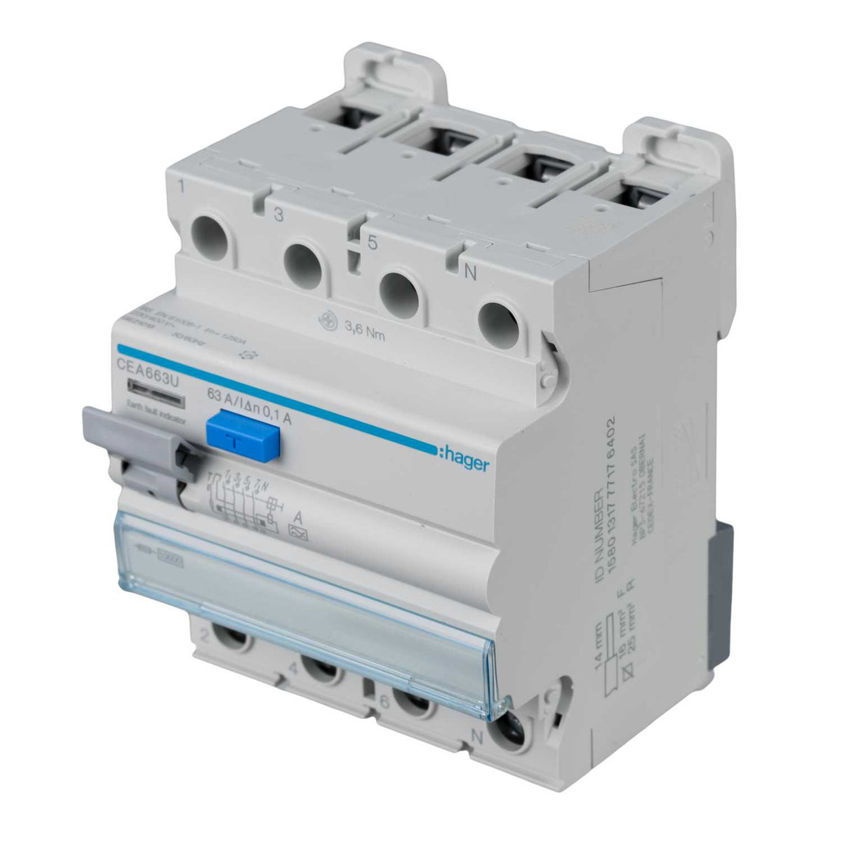 Hager 63A 4 Pole 100mA Type A RCD