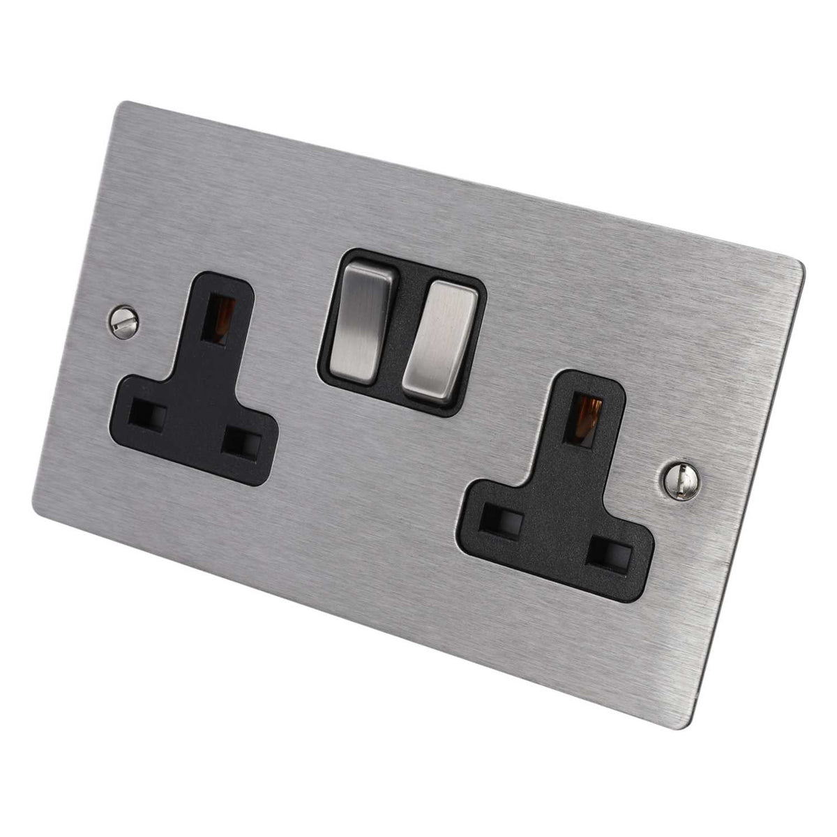 Hamilton 13A DP 2 Gang Switched Socket Black Insert Satin Steel
