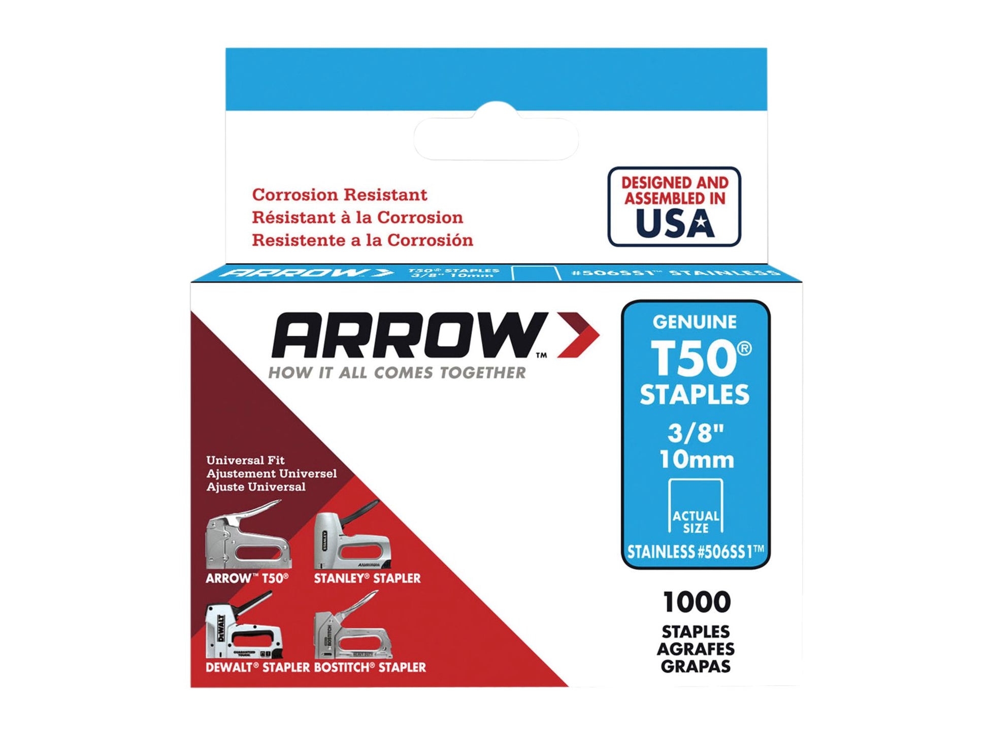 ARROW ARRT5038SS T50 STAPLES 3/8" 10mm STAINLESS STEEL (PACK 1000)