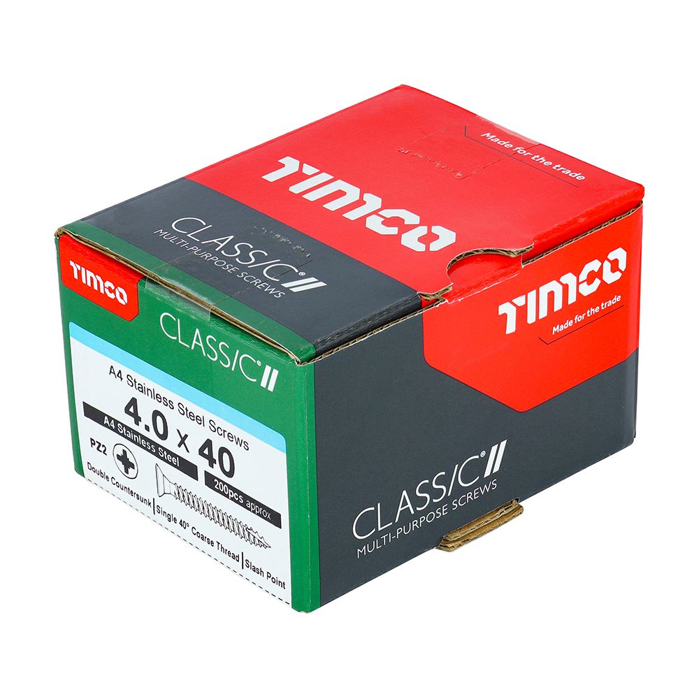 TIMCO CLASSIC A4 MARINE GRADE STAINLESS STEEL PZ2 CSK SCREWS 4.0 x 40mm (BOX 200) 40030CLA4