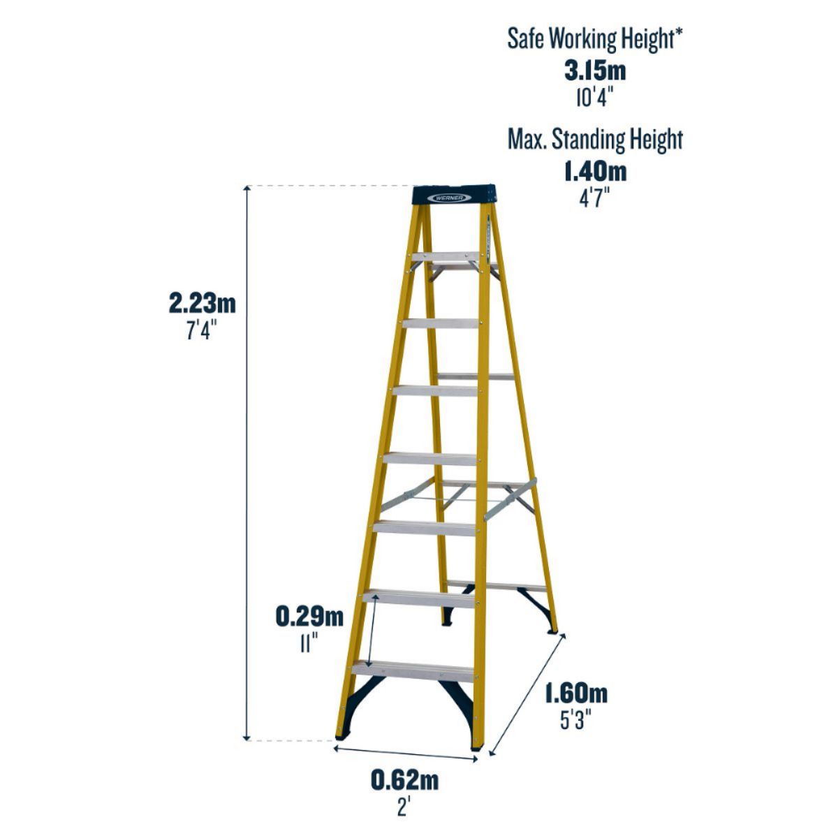 WERNER FIBREGLASS SWINGBACK STEPLADDER TRADE 8 TREAD 7160818