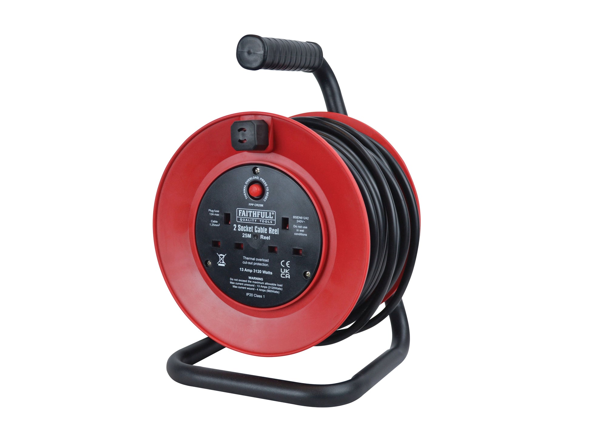 FAITHFULL FPPCR25M 2 SOCKET CABLE REEL 240v 13a 25m