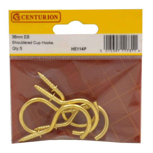 CENTURION HE114P ELECTRO BRASSED 40mm SHOULDERED CUP HOOKS PACK 5