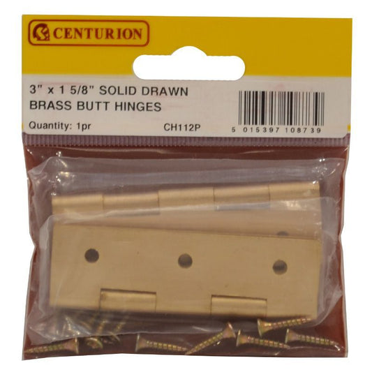 CENTURION CH112P BRASS MEDIUM DUTY SOLID DRAWN BUTT HINGES 3 x 1 5/8" x 2mm