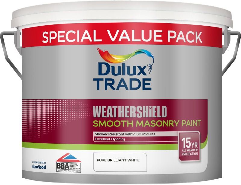 DULUX TRADE WEATHERSHIELD SMOOTH MASONRY PAINT 7.5l PURE BRILLIANT WHITE 5583723