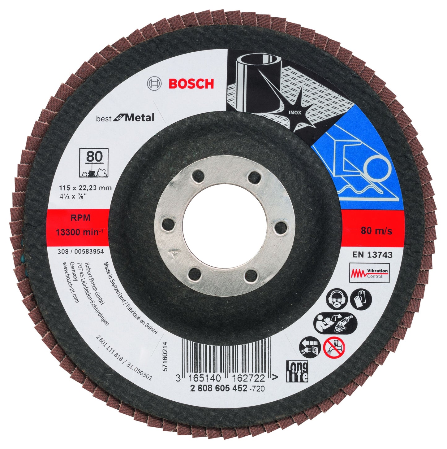 BOSCH 2608605452 FLAP DISC X571 BEST FOR METAL 115mm x 80grit ANGLED