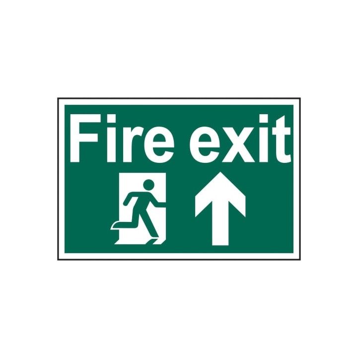 PVC SELF ADH SIGN 200mm WIDE x 300mm FIRE EXIT RUNNING MAN ARROW UP 1505
