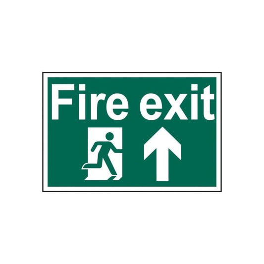 PVC SELF ADH SIGN 200mm WIDE x 300mm FIRE EXIT RUNNING MAN ARROW UP 1505