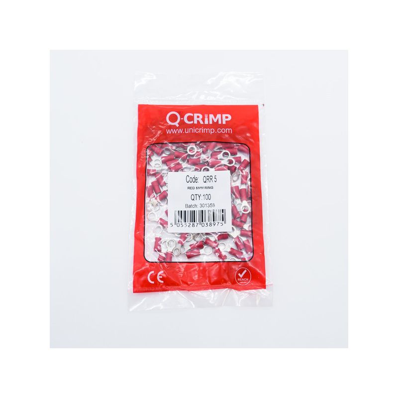 UNICRIMP RING TERM 5mm HOLE RED QRR5