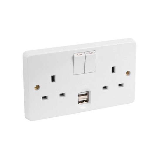 CRABTREE 4306/USB/D 2-POLE 2-GANG SWITCHED SOCKET 13a WITH DUAL 2.1a USB