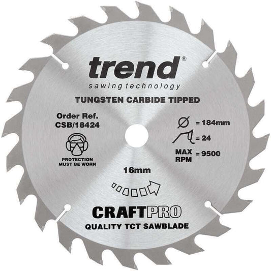 TREND CSB/18424 MEDIUM/COARSE FINISH TCT CIRCULAR SAW BLADE 184MM X 24T X 16MM