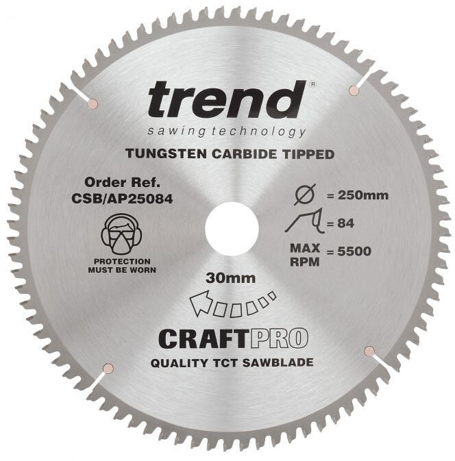 TREND CSB/AP25084 CRAFT SAW BLADE ALUMINIUM AND PLASTIC 250MM X 84 TEETH X 30MM