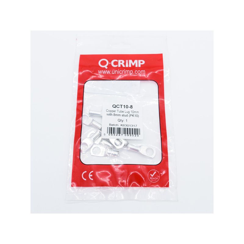 UNICRIMP 10mm COPPER TUBE LUG 8mm HOLE QCT10-8