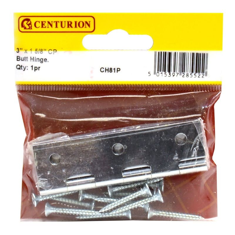 CENTURION CH81P CHROME PLATED SOLID DRAWN BUTT HINGES 3 x 1 5/8" x 2mm