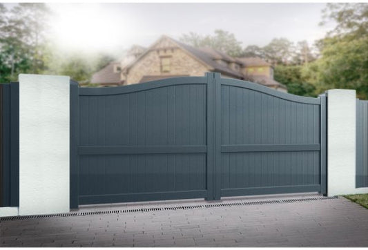 DOUBLE DRIVEWAY GATE CURVED TOP 3000 x 1600mm VERTICAL INFILL GREY RMG004DG-02