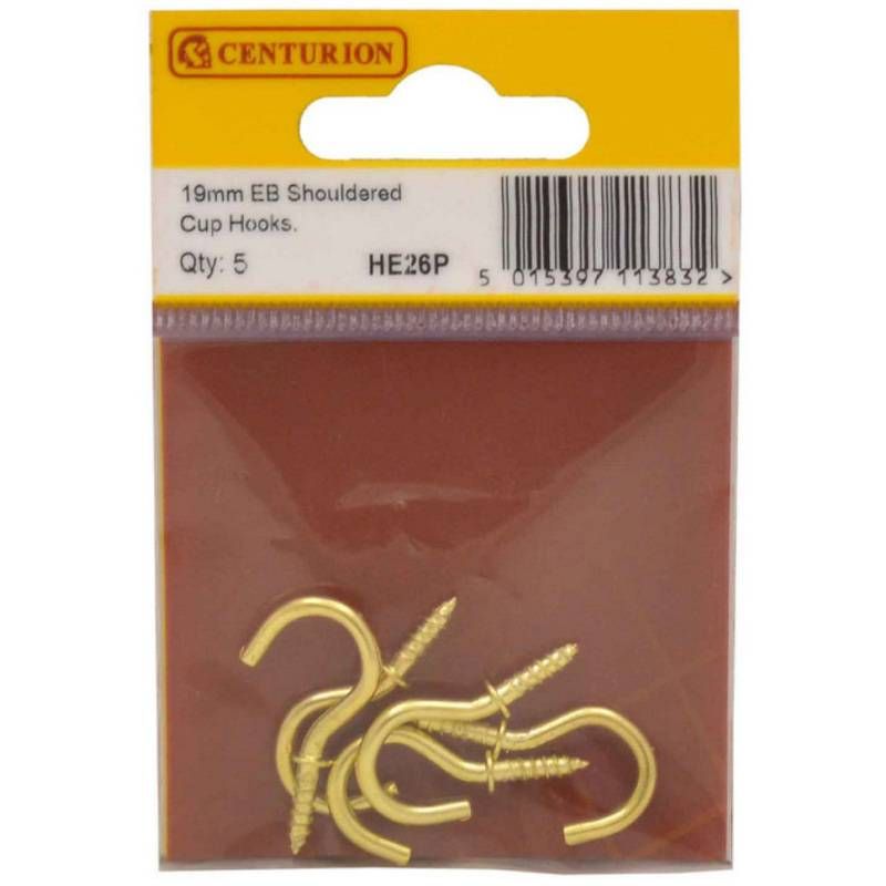 CENTURION HE26P ELECTRO BRASSED 20mm SHOULDERED CUP HOOKS PACK 5