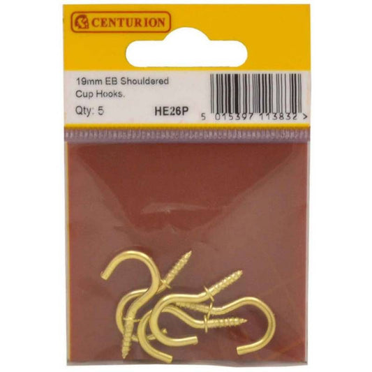 CENTURION HE26P ELECTRO BRASSED 20mm SHOULDERED CUP HOOKS PACK 5