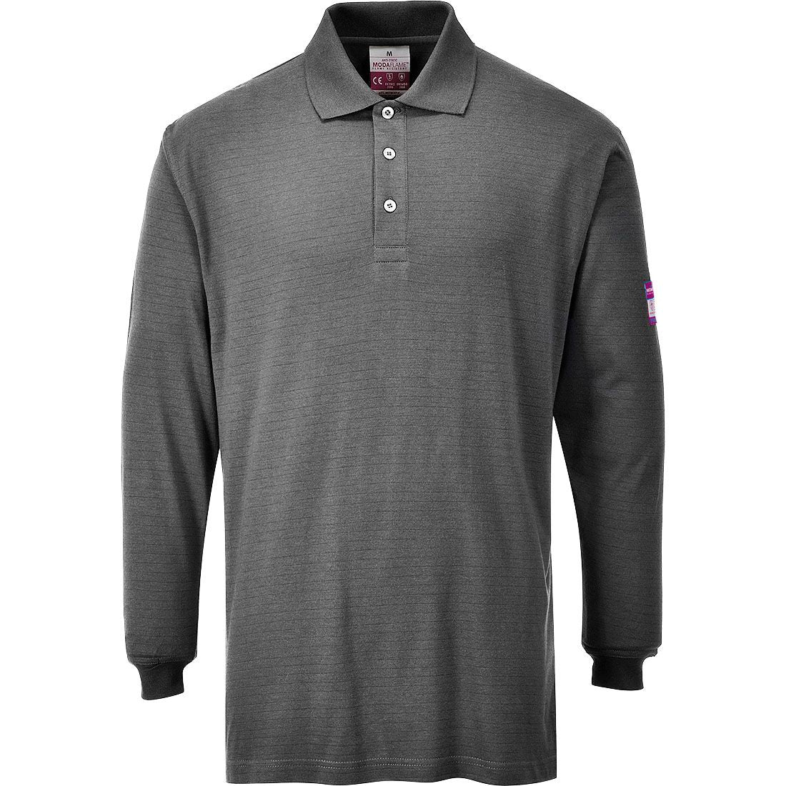 Flame Resistant Anti-Static Long Sleeve Polo Shirt, L, R, Grey