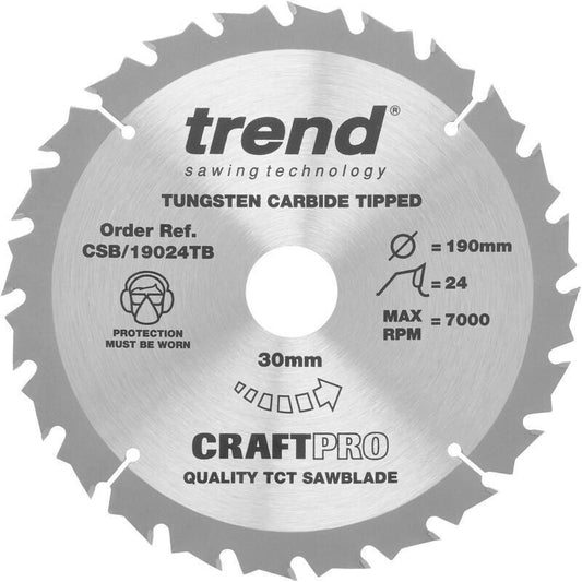 TREND CSB/19024TB MEDIUM/COARSE FINISH TCT CIRCULAR SAW BLADE 24TX30X190MM
