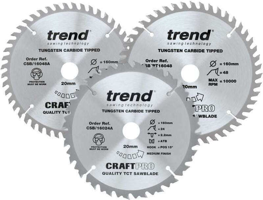 TREND CSB/160/3PK/A CRAFT TCT SAW BLADES 24/48t x 20 x 160mm (PACK 3)