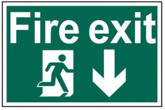 PVC SELF ADH SIGN 200mm WIDE x 300mm FIRE EXIT RUNNING MAN ARROW DOWN 1503