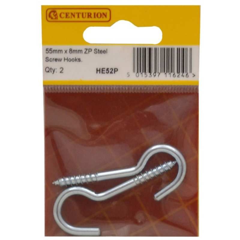 CENTURION HE52P PACK OF 2 STEEL SCREW HOOKS 8 x 55mm ZINC PLATED