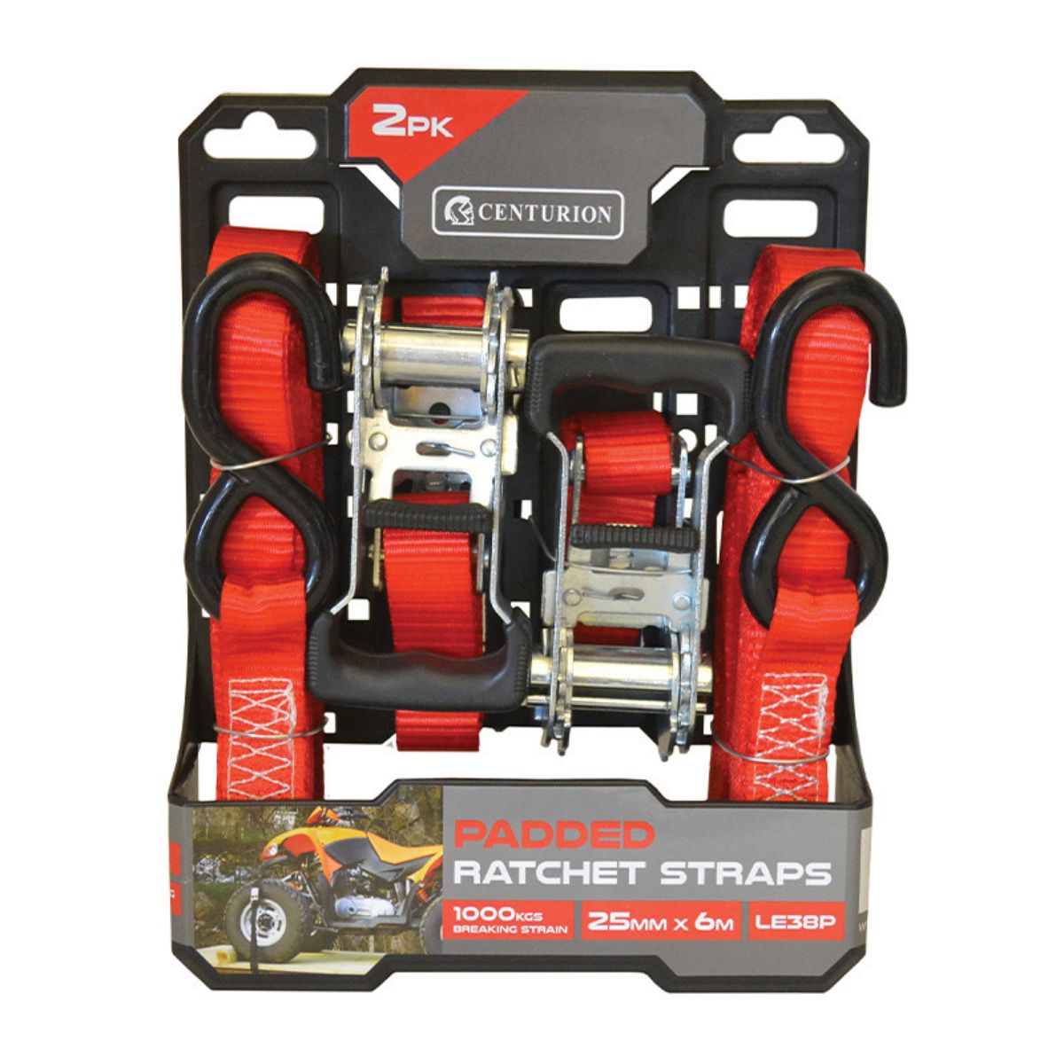 CENTURION LE38P PADDED RATCHET TIE DOWN TWIN PACK 6m (1000kg)