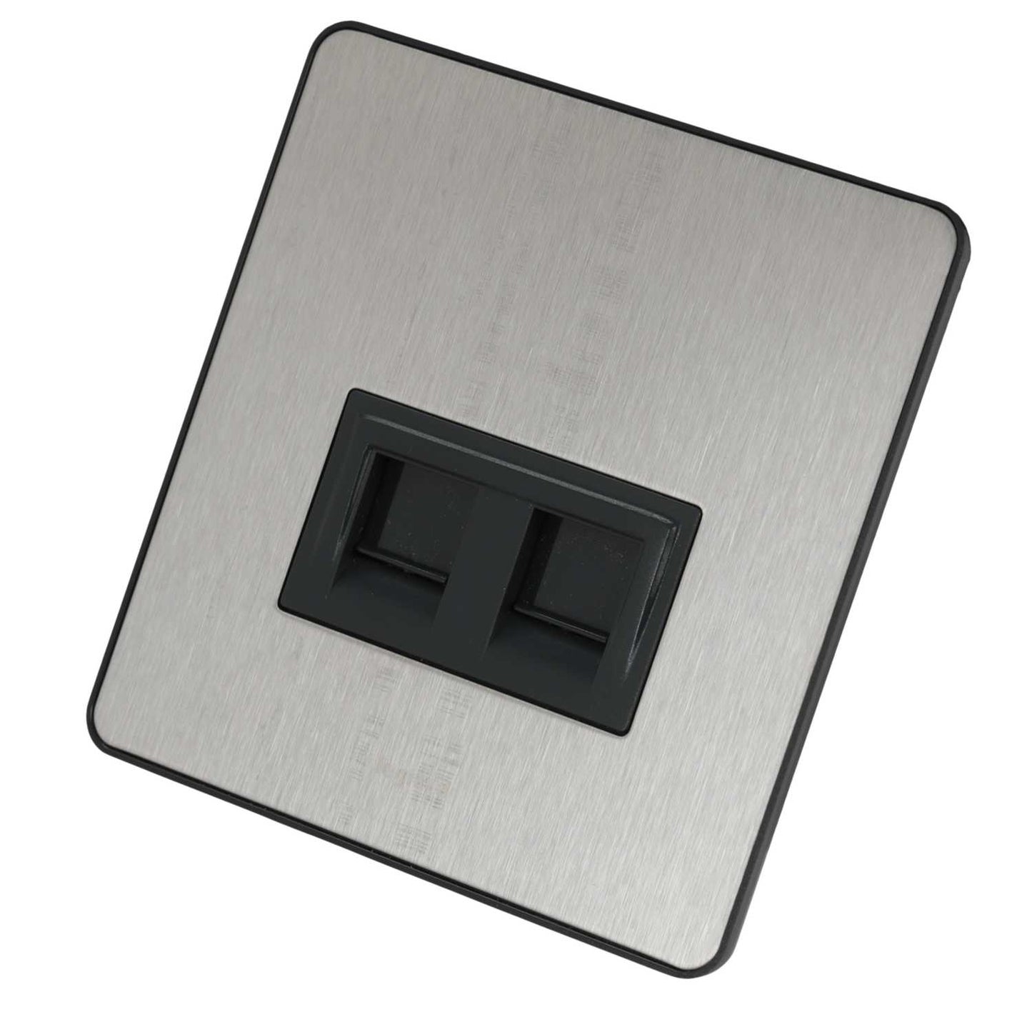 Legrand 1 Gang Screwless Twin RJ45 Data Socket Black Insert Brushed Stainless Steel