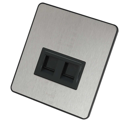 Legrand 1 Gang Screwless Twin RJ45 Data Socket Black Insert Brushed Stainless Steel