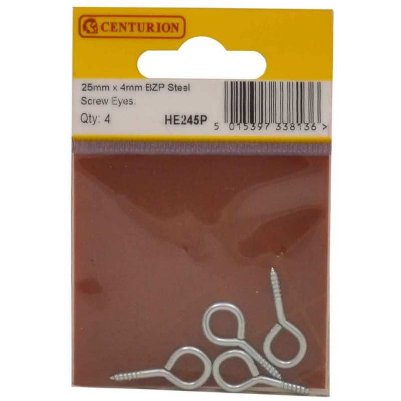 CENTURION HE245P PACK OF 4 STEEL SCREW EYES 4 x 25mm ZINC PLATED