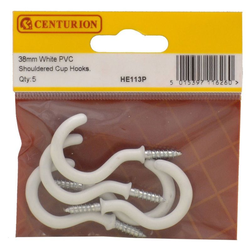 CENTURION HE113P PACK OF 5 PVC SHOULDERED CUP HOOKS 38mm WHITE
