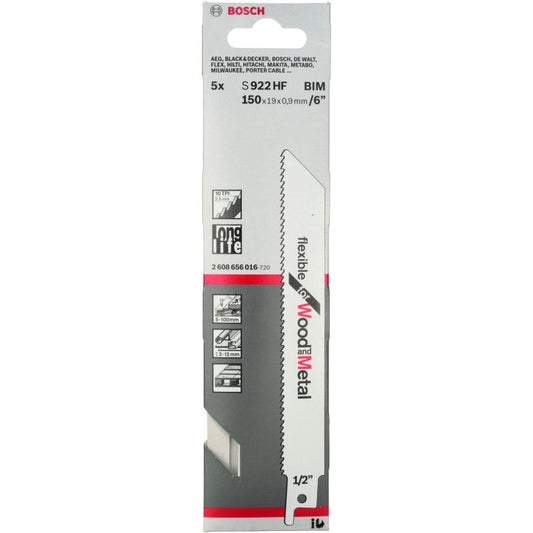 BOSCH 2608656016 PACK OF 5 FLEX WOOD/METAL 1/2 INCH UNISHANK SAW BLADES S922HF