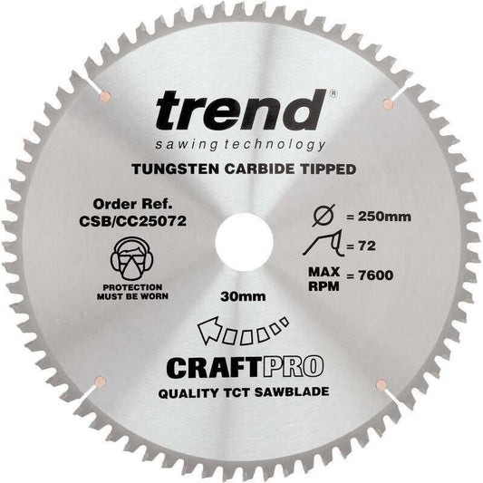 TREND CSB/CC25072 EXTRA FINE FINISH TCT CIRCULAR MITRE SAW BLADE 250MM X 72T X 30MM